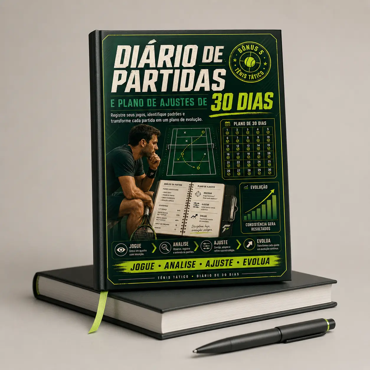 Diário de Partidas e Plano de Ajustes de 30 Dias — Calendário, diário de jogo e gráfico de evolução.